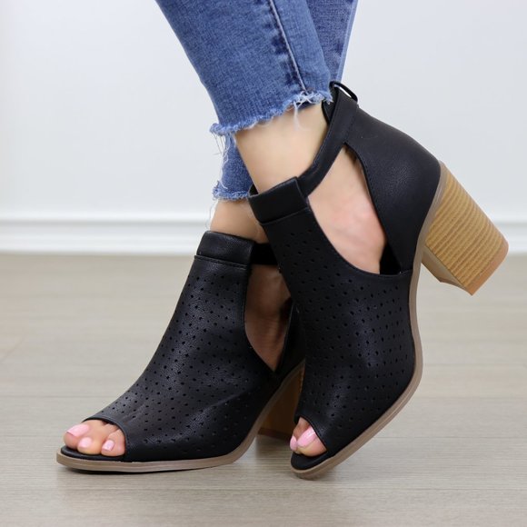 Peep Toe Black Faux Leather Heeled Ankle Boots - Picture 8 of 8